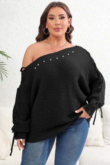 Woochic pull grande taille femme col bateau manches chauve-souris épaules dénudées noir 1XL